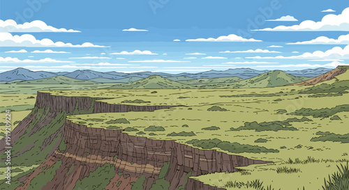 Vast animated panorama showcasing rugged escarpments and endless plains beneath a vibrant sky