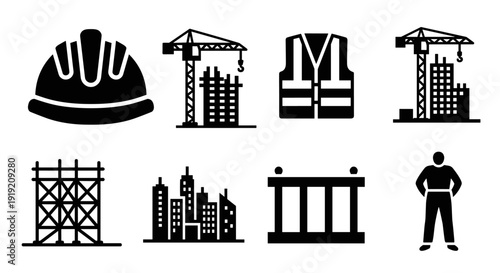 Construction icons set: safety gear, machinery, and urban structures in silhouette style
