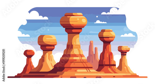 Vibrant stylized desert landscape featuring towering sandstone formations under a clear blue sky