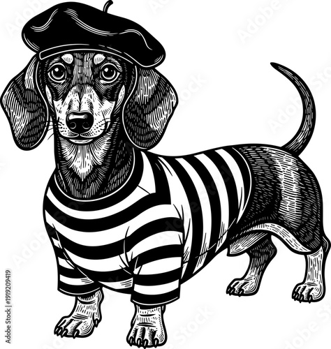 French dachshund wearing black beret and striped shirt, cute cartoon sausage dog, parisian style pet illustration, funny canine vector art.