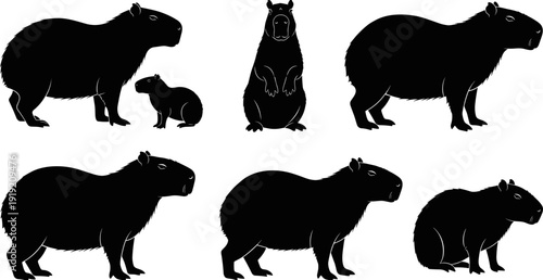Capybara silhouettes collection with adult and baby animals, wild rodent icons, south american wildlife, exotic nature elements, diverse animal poses.