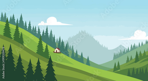 Serene vector landscape with green hills, pine trees, and a secluded cabin under a clear sky