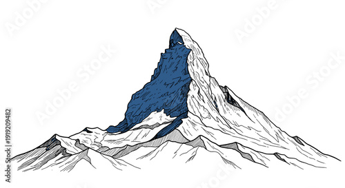 Hand drawn alpine mountain peak with snowy crests and rugged terrain