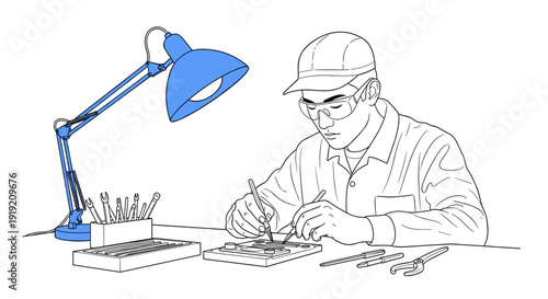 Industrial designer sketching product prototypes with precision in linear style