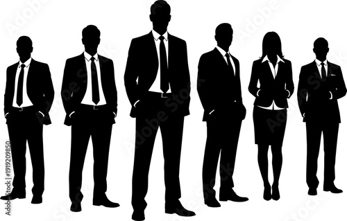 Professional corporate team silhouettes standing in row, diverse business people group, executive colleagues in suits, minimalist office leadership teamwork illustration.