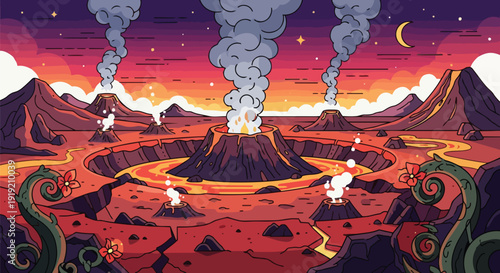 A vibrant alien landscape showcasing multiple fiery volcanoes erupting under a cosmic twilight sky with molten lava rivers flowing through cracked