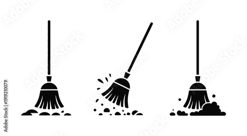 Broom Icons Sweeping Dirt and Debris, Black and White Flat Vector Illustration