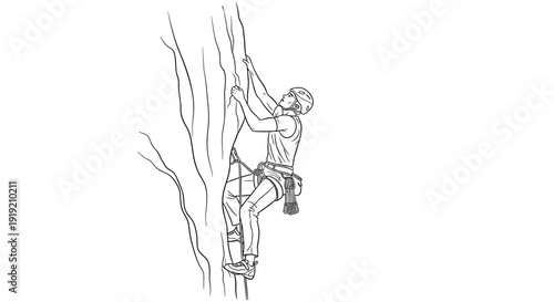 Rock climbing adventure: detailed line art of climber scaling a cliff