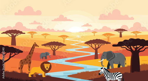 A vividly illustrated landscape of the African savanna at twilight, showcasing an array of magnificent wildlife, including elephants, lions,