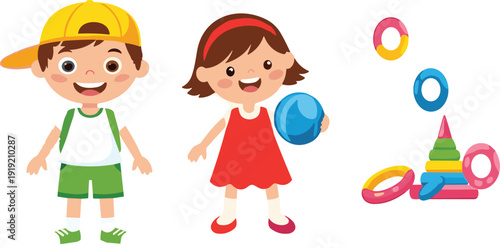 Happy kids cartoon characters with toys collection children playing flat vector illustration isolated set