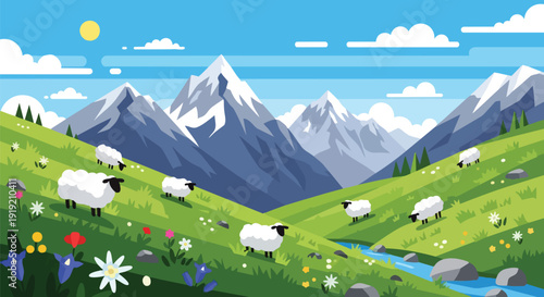 Pastoral mountain scene. Flat design of green hillsides, grazing sheep, a gentle stream, vibrant wildflowers, and snow-capped peaks beneath a bright