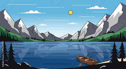 Majestic snow-capped mountains embrace a tranquil azure lake, where a lone wooden boat floats peacefully under a bright sun and clear blue sky.