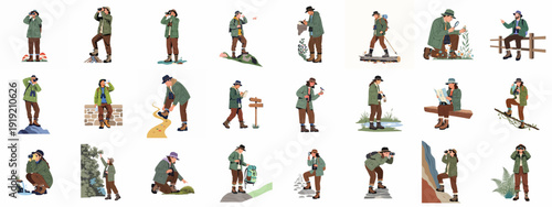 People exploring nature and engaging in outdoor activities, observing wildlife, hiking, and conducting research in various natural environments, flat vector illustration set.