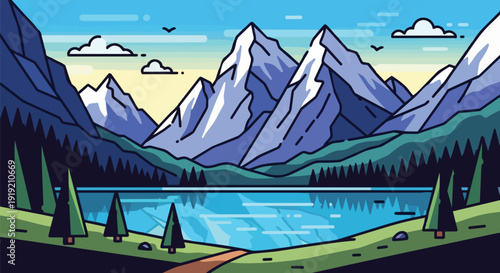 A serene vector landscape depicting majestic snow-capped peaks reflecting on a calm alpine lake amidst dense evergreen forests under a clear, bright
