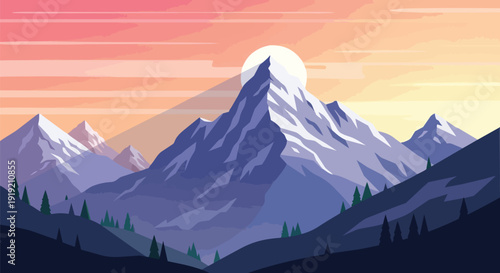A captivating minimalist vector illustration of a majestic mountain range at dawn, featuring prominent snow-capped peaks and verdant pine forests