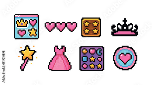 Princess, fairy tale pixel icon set for games and apps. Cute, retro pixel art icons