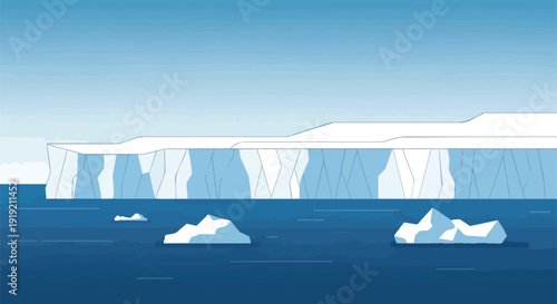 A tranquil polar illustration depicting a vast ice shelf and several icebergs peacefully floating on the deep blue sea under a pristine, clear azure