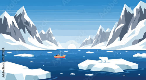 A polar bear on an ice floe amidst an arctic landscape with mountains and a small boat