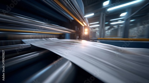 Fast moving industrial printing machine with motion blur in factory. High speed production concept.