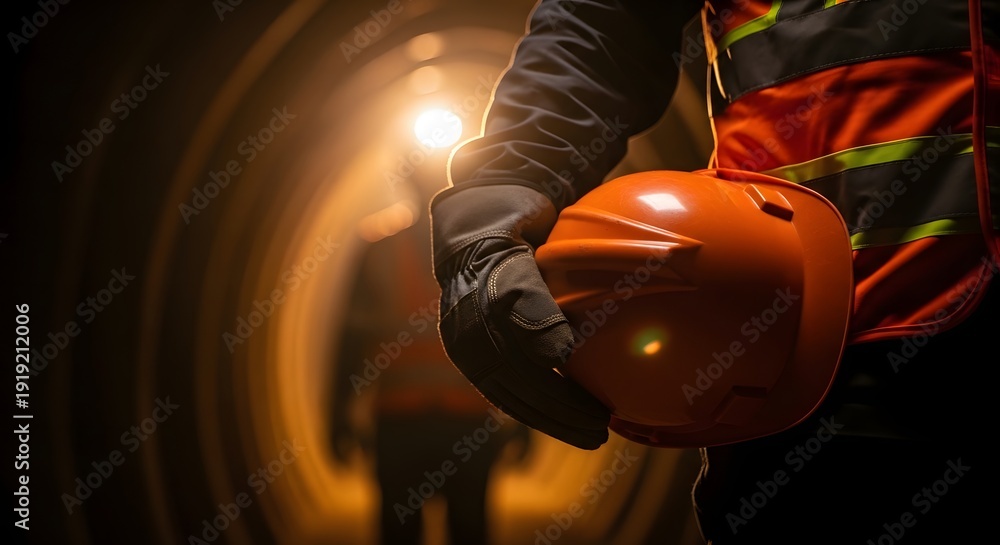 Fototapeta premium A person in a hard hat and safety vest standing in a tunnel.