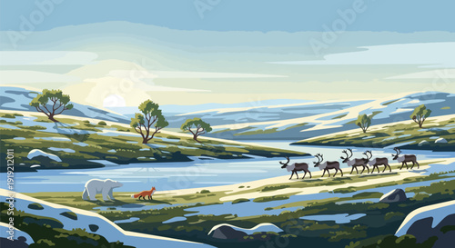 An illustrative depiction of a majestic polar bear, a cunning red fox, and a migrating reindeer herd crossing a snowy arctic riverbank during a