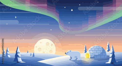 An arctic night scene featuring a polar bear strolling past a glowing igloo under the magnificent green and purple northern lights and a full moon