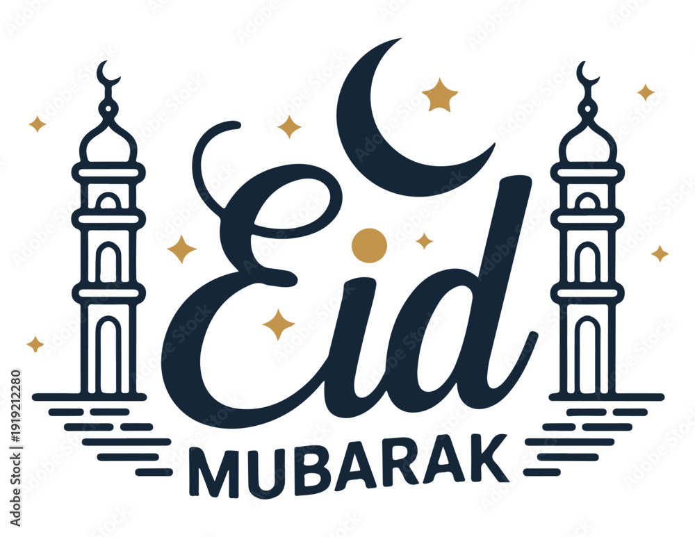Fototapeta premium Eid Mubarak Greeting with Mosque and Crescent Moon