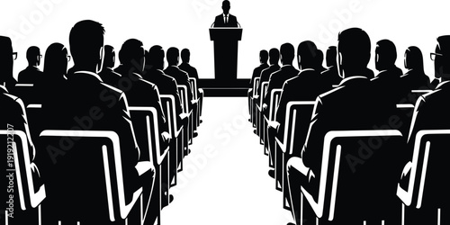 Black and white audience listening to a speaker at a podium