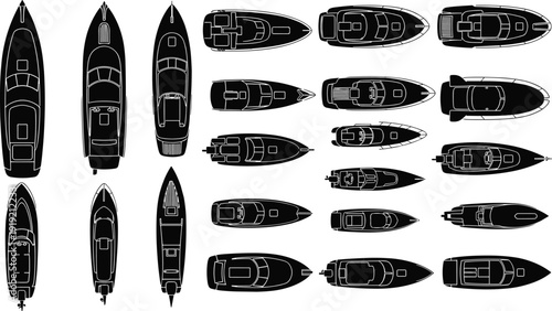 Yacht silhouette illustration set, twenty-four black icons top-down perspective cabin deck layout maritime vessel design, vector artwork, transport and lifestyle theme, isolated background