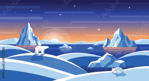 Minimalist arctic twilight landscape presenting grand icebergs dark waters expansive snow-covered plains a wandering polar bear and a resting arctic