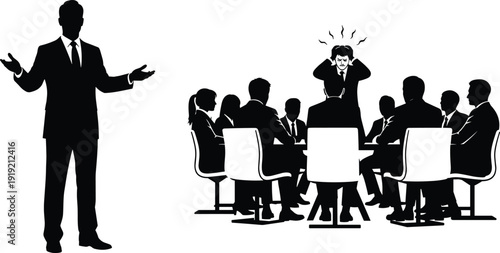 Black and white of a man presenting to a group with one person covering ears