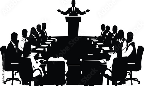 Black and white of a person speaking at a podium in front of a seated audience