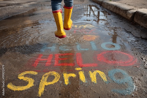 Colorful spring fun as a child splashes in puddles wearing bright yellow boots while playful chalk drawings brighten the wet pavement during a sunny day