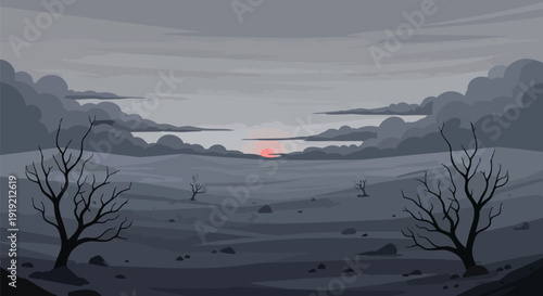 Desolate twilight scene with stark skeletal trees under a vast, brooding sky, where a faint, smoldering sun struggles to pierce the oppressive