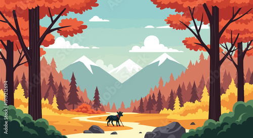 Autumn forest valley landscape with a solitary deer amidst colorful trees and distant snowy peaks under a clear sky showcasing nature's seasonal