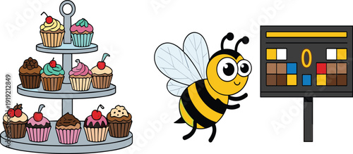 Cupcake stand bee cartoon character and color palette board vector illustration design elements collection set