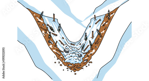 Illustrative scene of a destructive snow avalanche and debris flow in a steep mountain valley, showing trees and rocks swept away by its powerful