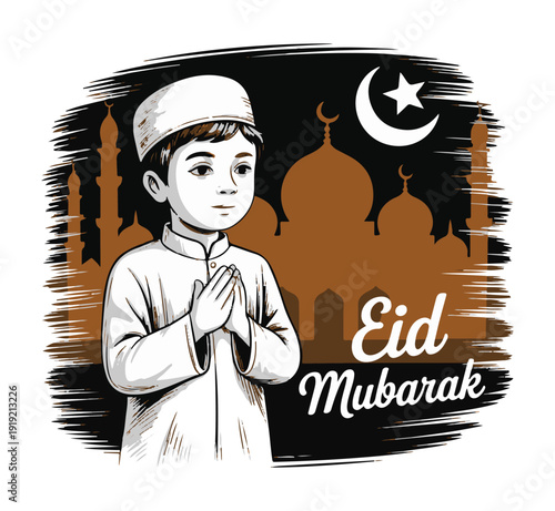 Young Boy Praying Eid Mubarak with Mosque Background and Crescent Moon