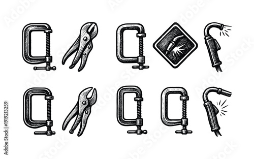 Tool and workshop linear icon set. Essential tools for diy and professional projects