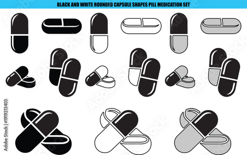 Black and white capsule and pill shapes set medication