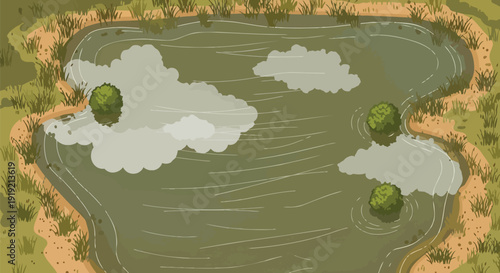 Overhead view of a serene natural pond, featuring stylized water movement, lush green bushes, and subtle cloud reflections across its calm surface.