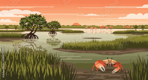 A serene wetland landscape unfolds at golden hour, revealing a bustling crab, elegant flamingos, and resilient mangroves, all under a beautifully