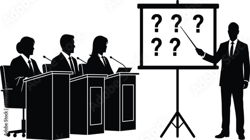 Four people at podiums with a presenter pointing at a board with question marks
