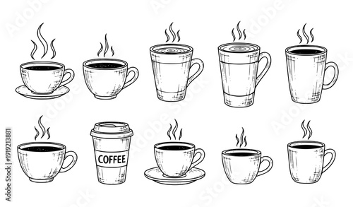 Hand Drawn Coffee Cups and Mugs Vector Collection with Steam Isolated on White
