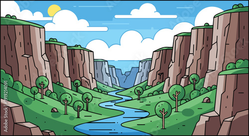 Vibrant cartoon canyon with a river, green hills, and towering cliffs under a clear sunny sky