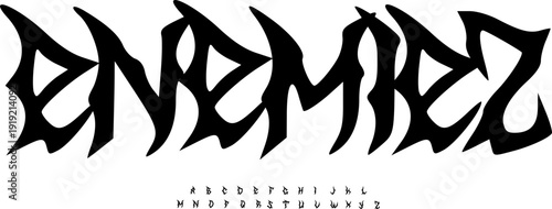 Enemiez Font - Sharp Tribal Alphabet Display Font in Cyberpunk Graffiti Style with Pointy Edge Letters for Modern Streetwear Branding, Racing Team Typography, and Futuristic Urban Graphic Asset Vector