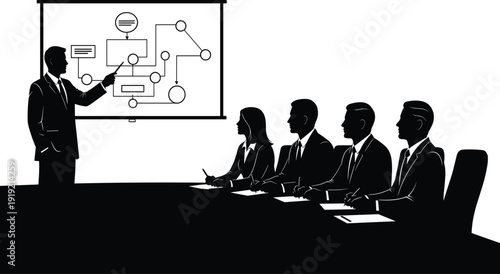 Silhouette of man presenting flowchart to seated businesspeople