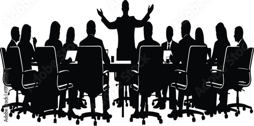 Silhouette of people in a business meeting with a standing presenter