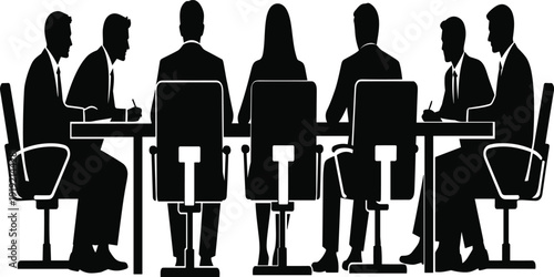 Silhouette of seven people sitting around a conference table in business attire