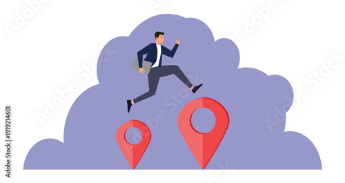 Business relocation, moving office to new address or moving to new location, business owner concept. businessman jumping from map navigation pins to new relocation